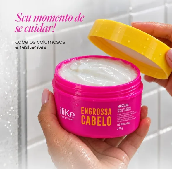 Máscara Engrossa Cabelo aberta, para cabelos volumosos e resistentes